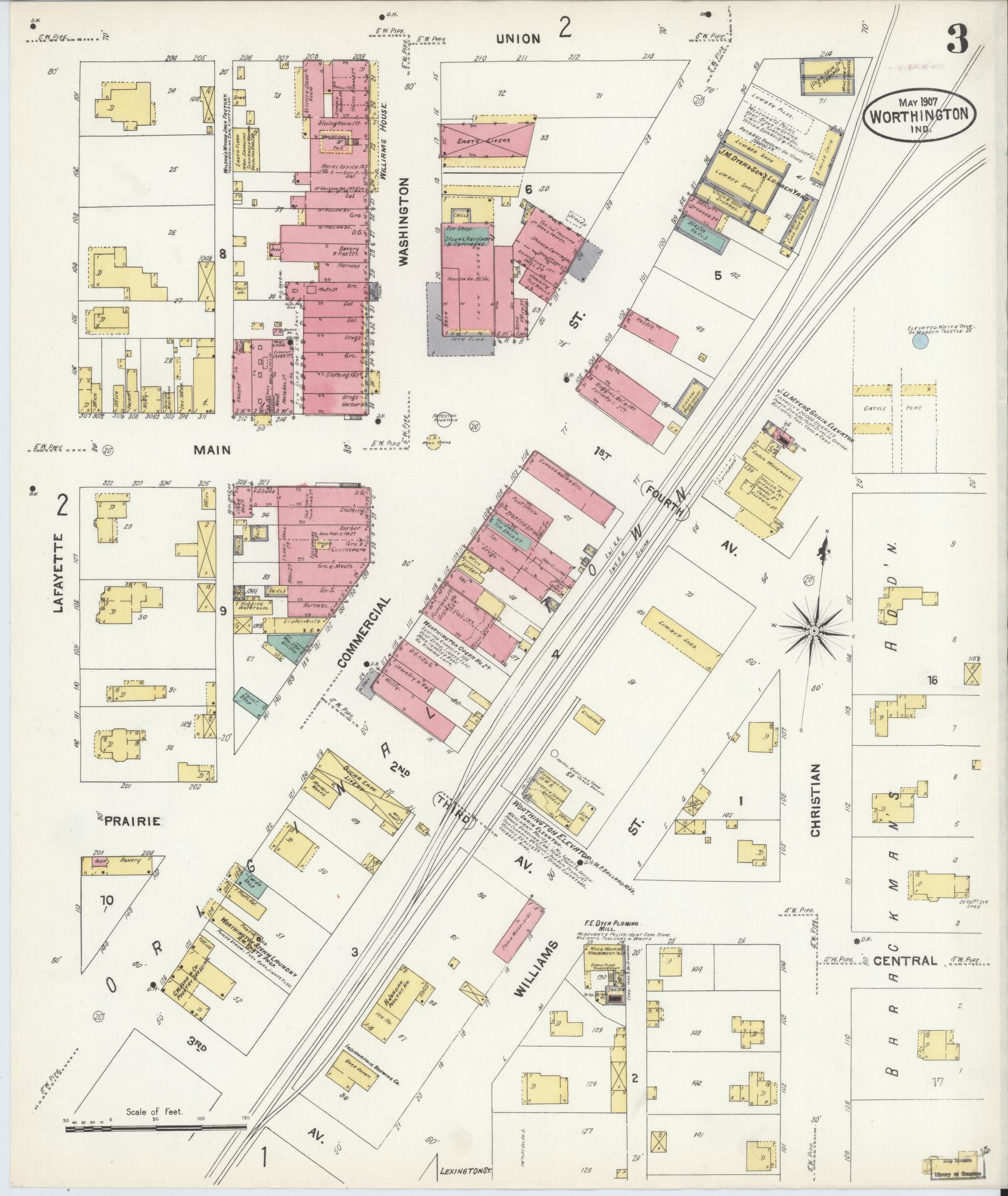 Sanborn Fire Insurance Map from Worthington, Greene County, Indiana (1907), Sheet #0003 - Complete Map Set gallery image, historic Sanborn map, vintage wall art, Indiana Indiana