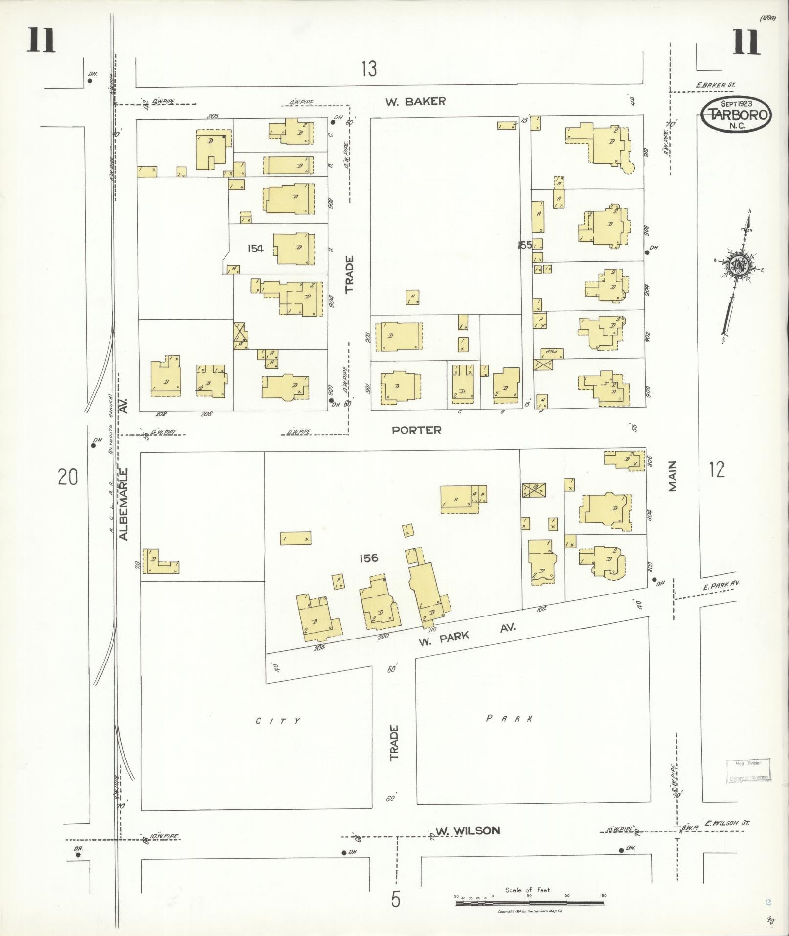 Sanborn Fire Insurance Map from Tarboro, Edgecombe County, North Carolina (1923), Sheet #0011 - Historic Sanborn Fire Insurance Map Print, vintage old map wall art, antique decor, genealogy gift, North Carolina North Carolina map