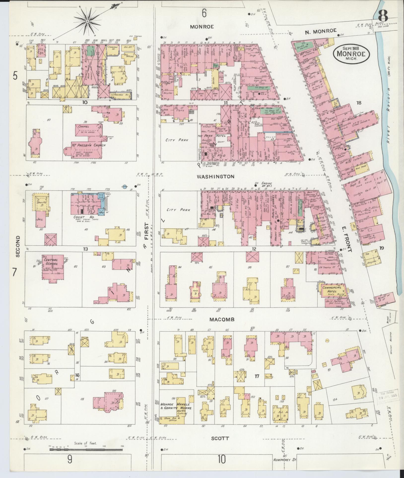 Sanborn Fire Insurance Map from Monroe, Monroe County, Michigan (1908), Sheet #0008 - Historic Sanborn Fire Insurance Map Print, vintage old map wall art, antique decor, genealogy gift, Michigan Michigan map