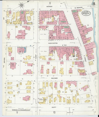 Sanborn Fire Insurance Map from Monroe, Monroe County, Michigan (1908), Sheet #0008 - Historic Sanborn Fire Insurance Map Print, vintage old map wall art, antique decor, genealogy gift, Michigan Michigan map