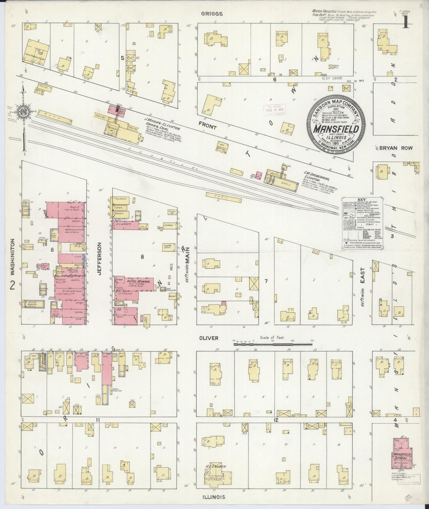 Sanborn Fire Insurance Map from Mansfield, Piatt County, Illinois (1911), Sheet #0001 - Historic Sanborn Fire Insurance Map Print, vintage old map wall art, antique decor, genealogy gift, Illinois Illinois map