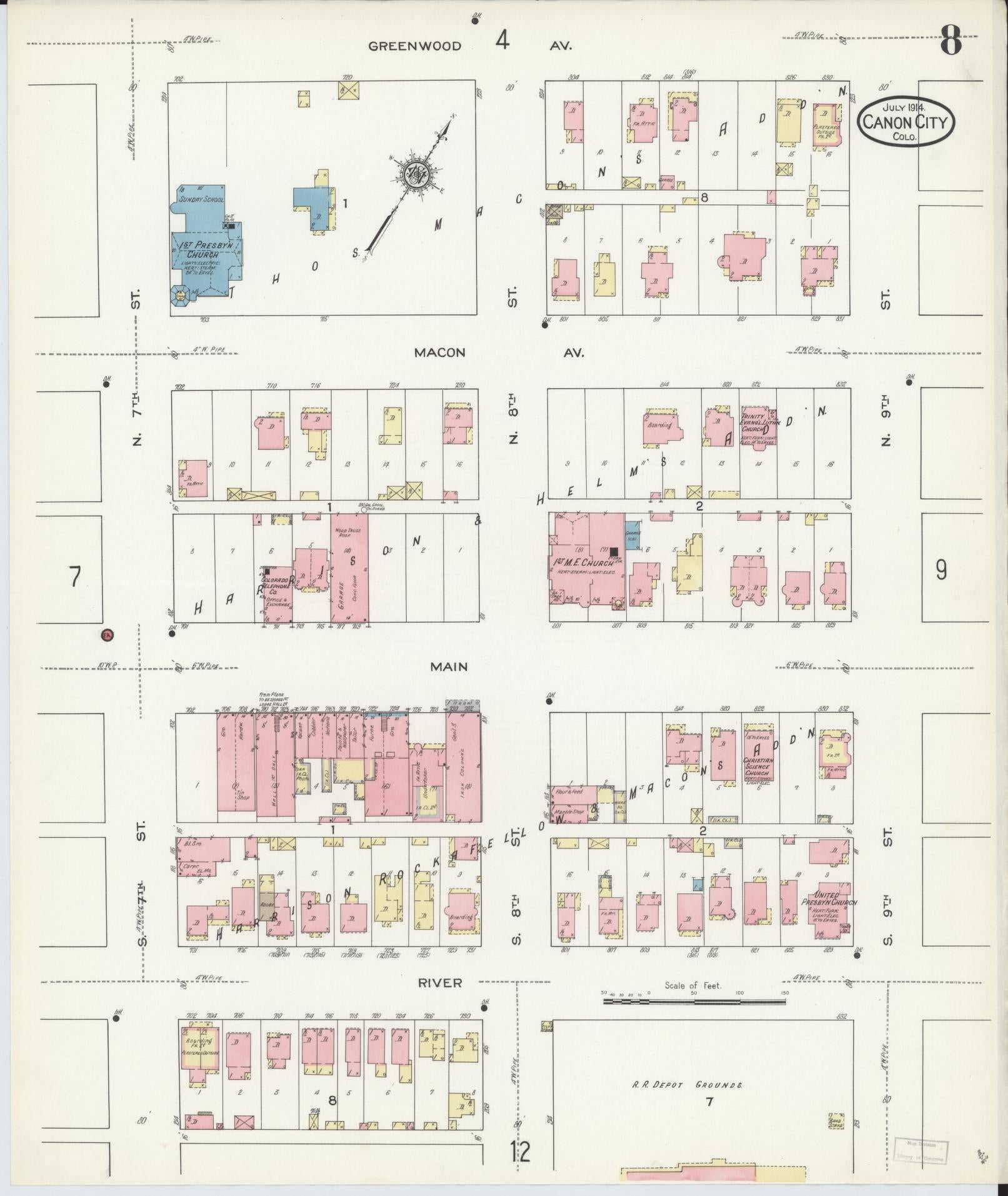 Sanborn Fire Insurance Map from Canon City, Fremont County, Colorado (1914), Sheet #0008 - Complete Map Set gallery image, historic Sanborn map, vintage wall art, Colorado Colorado