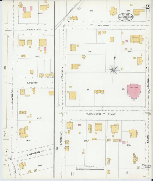 Sanborn Fire Insurance Map from Aberdeen, Monroe County, Mississippi (1905), Sheet #0002 - Historic Sanborn Fire Insurance Map Print, vintage old map wall art, antique decor, genealogy gift, Mississippi Mississippi map
