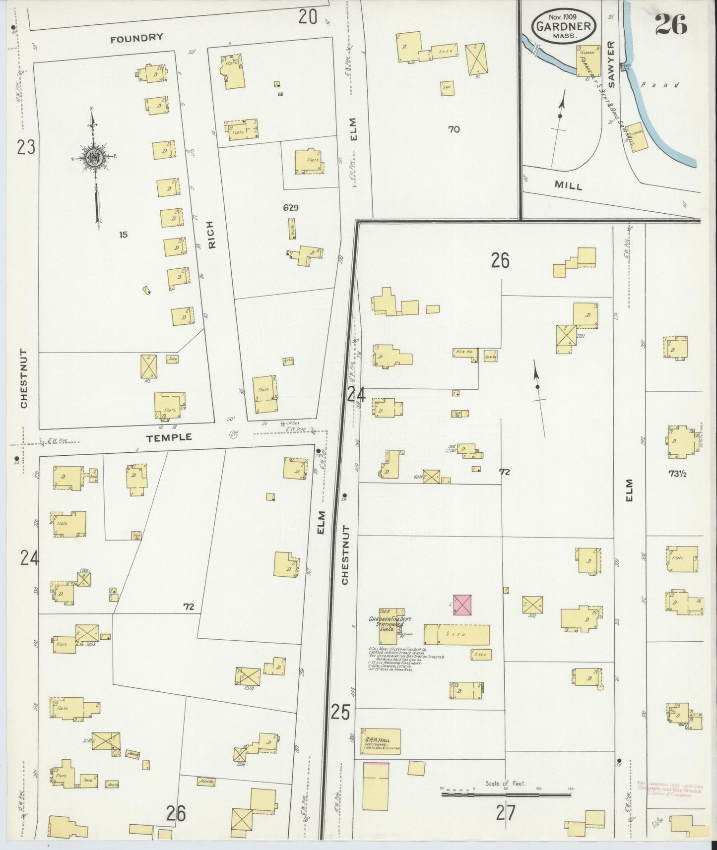 Sanborn Fire Insurance Map from Gardner, Worcester County, Massachusetts (1909), Sheet #0026 - Complete Map Set gallery image, historic Sanborn map, vintage wall art, Massachusetts Massachusetts