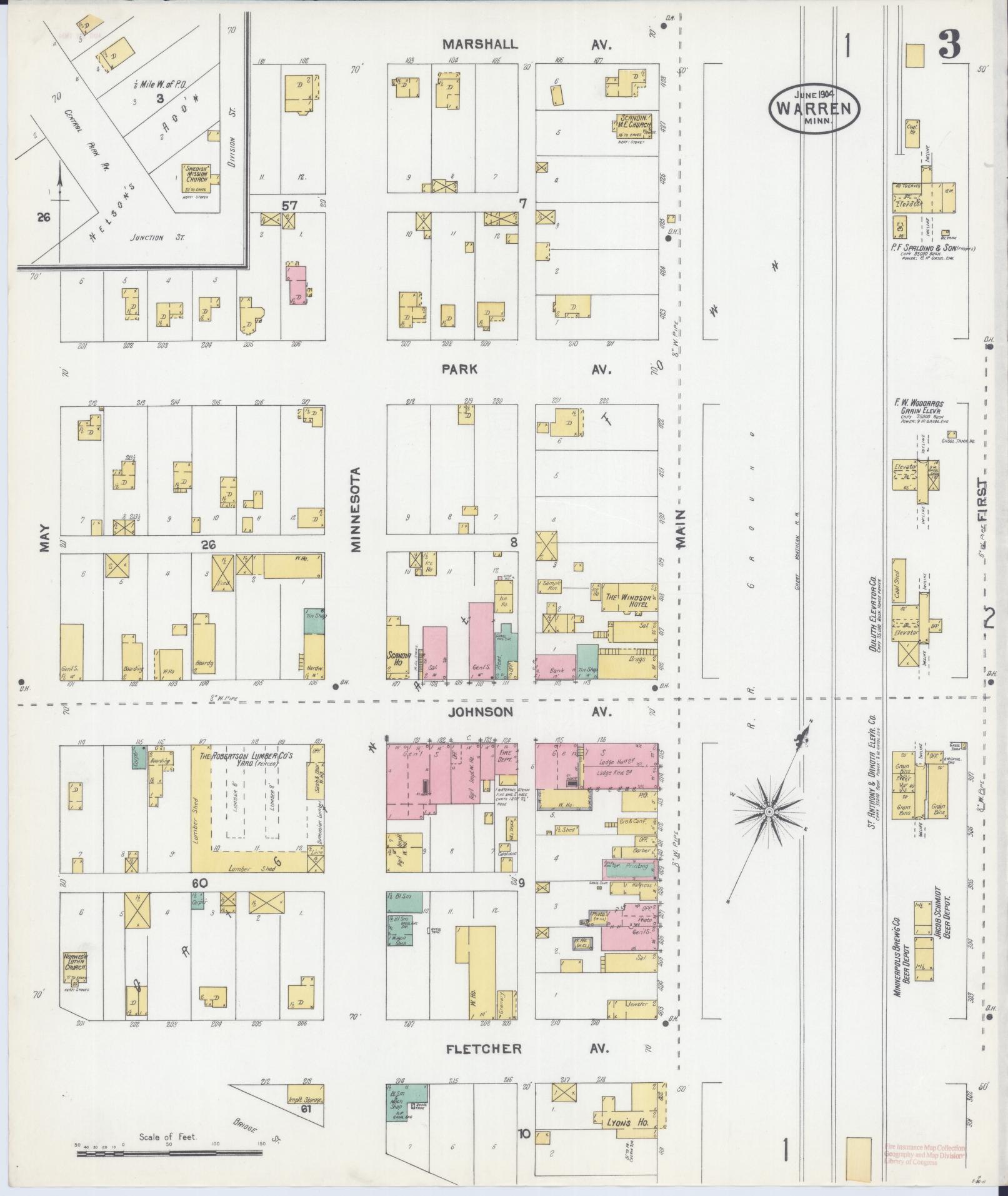 Sanborn Fire Insurance Map from Warren, Marshall County, Minnesota (1904), Sheet #0003 - Complete Map Set gallery image, historic Sanborn map, vintage wall art, Minnesota Minnesota
