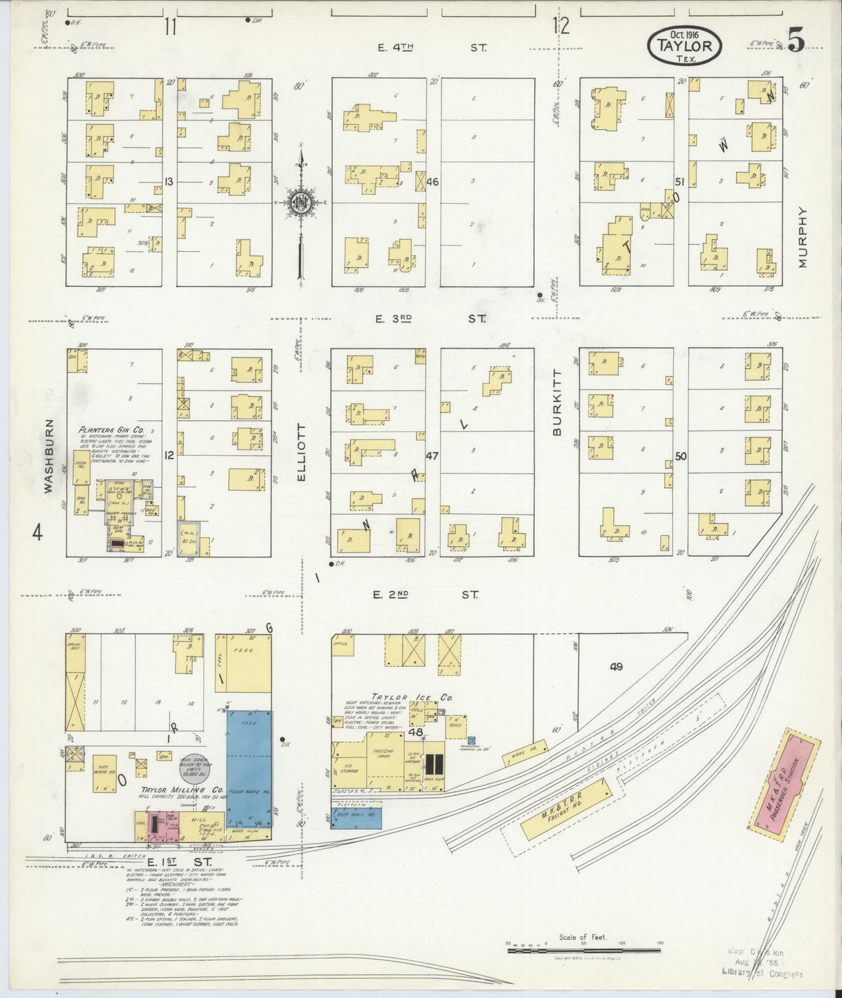 Sanborn Fire Insurance Map from Taylor, Williamson County, Texas (1916), Sheet #0005 - Historic Sanborn Fire Insurance Map Print, vintage old map wall art, antique decor, genealogy gift, Texas Texas map