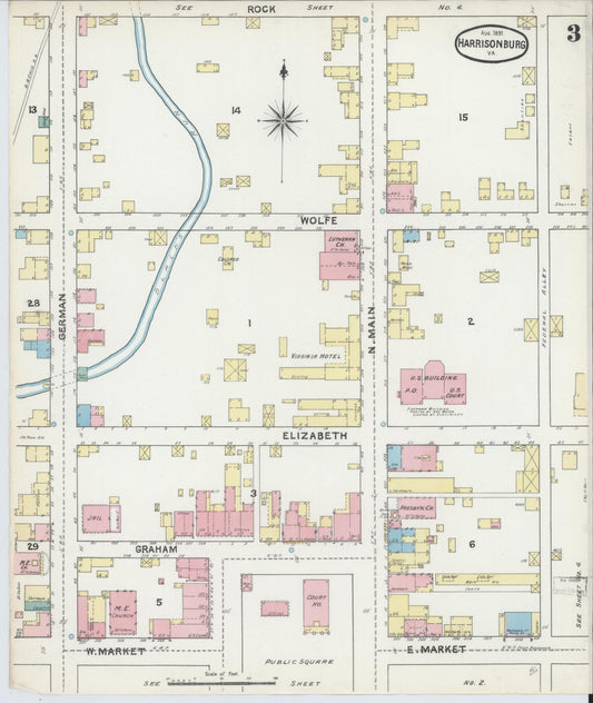 Sanborn Fire Insurance Map from Harrisonburg, Independent Cities, Virginia (1891), Sheet #0003 - Historic Sanborn Fire Insurance Map Print, vintage old map wall art, antique decor, genealogy gift, Virginia Virginia map