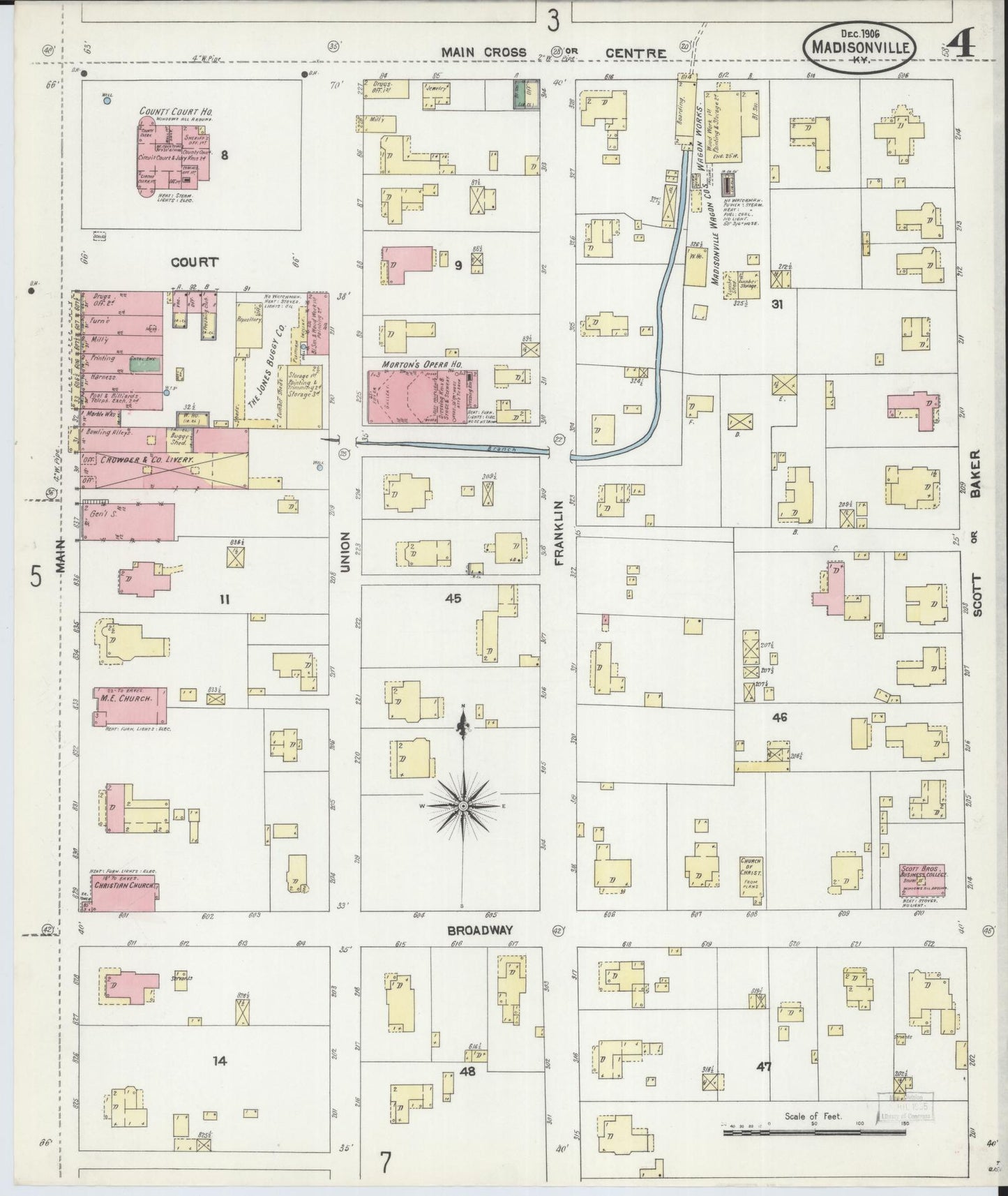 Sanborn Fire Insurance Map from Madisonville, Hopkins County, Kentucky (1906), Sheet #0004 - Historic Sanborn Fire Insurance Map Print, vintage old map wall art, antique decor, genealogy gift, Kentucky Kentucky map