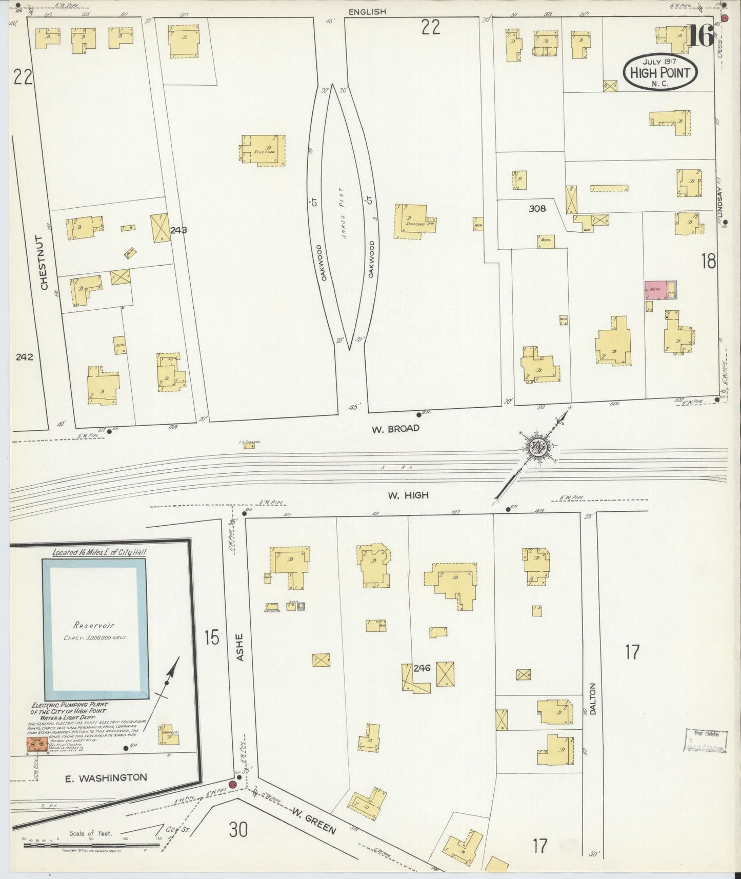 Sanborn Fire Insurance Map from High Point, Guilford County, North Carolina (1917), Sheet #0016 - Historic Sanborn Fire Insurance Map Print, vintage old map wall art, antique decor, genealogy gift, North Carolina North Carolina map