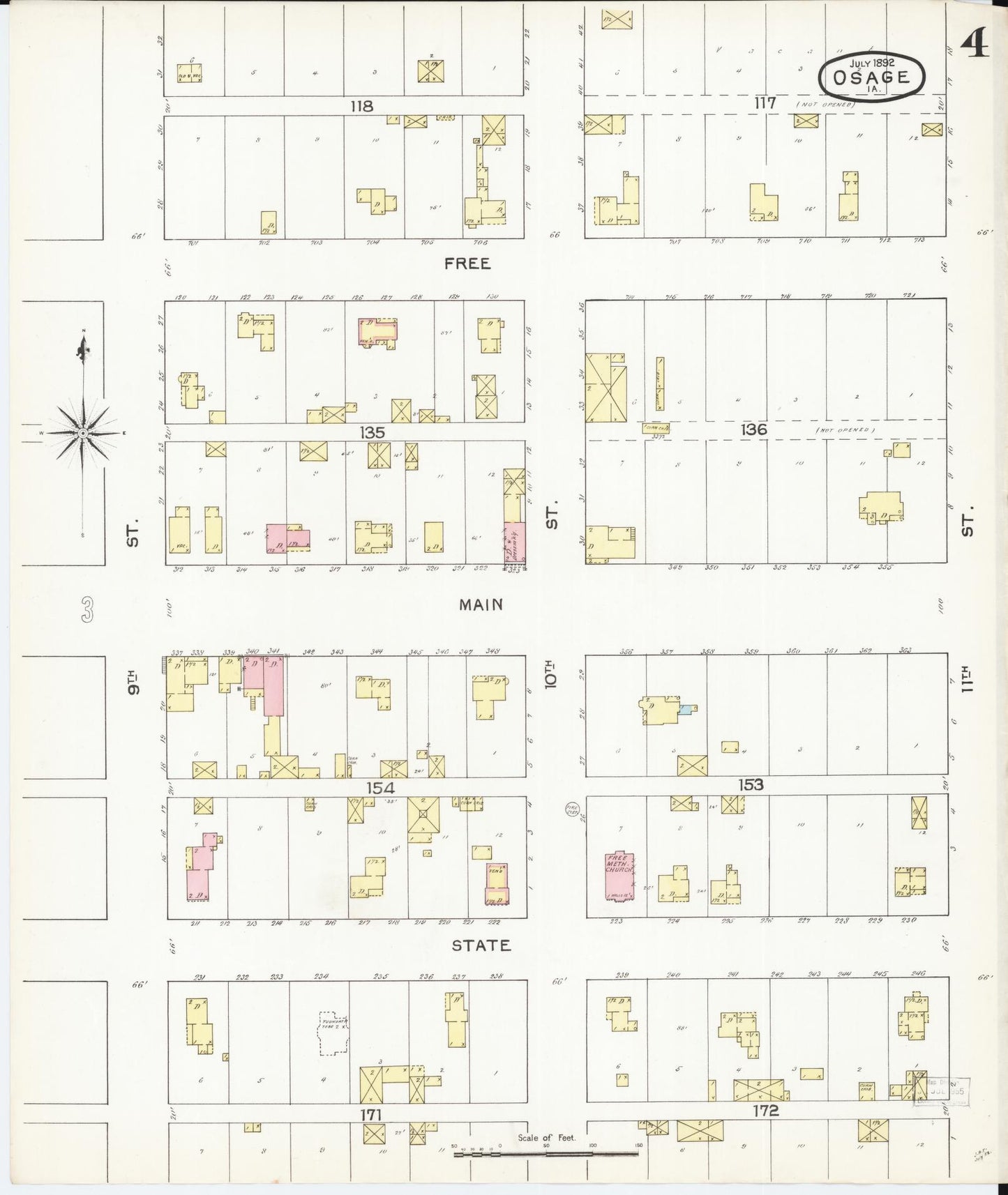 Sanborn Fire Insurance Map from Osage, Mitchell County, Iowa (1892), Sheet #0004 - Historic Sanborn Fire Insurance Map Print, vintage old map wall art