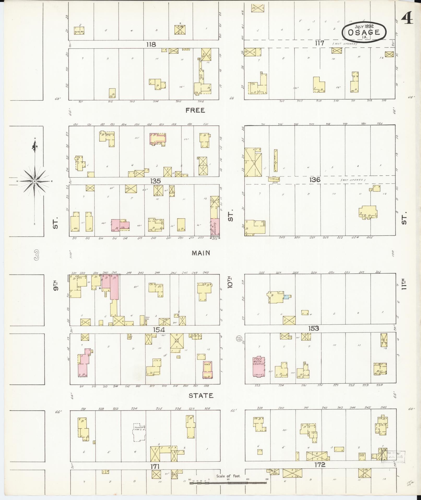 Sanborn Fire Insurance Map from Osage, Mitchell County, Iowa (1892), Sheet #0004 - Historic Sanborn Fire Insurance Map Print, vintage old map wall art