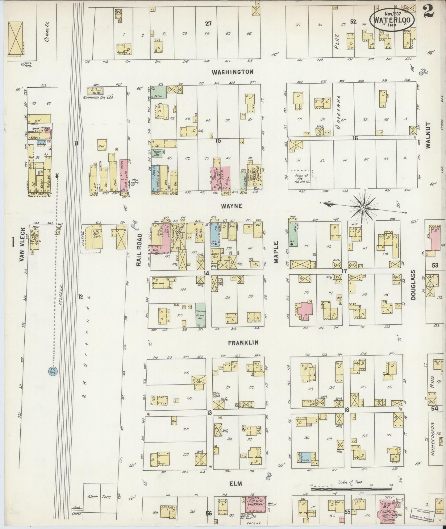 Sanborn Fire Insurance Map from Waterloo, De Kalb County, Indiana (1897), Sheet #0002 - Complete Map Set gallery image, historic Sanborn map, vintage wall art, Indiana Indiana