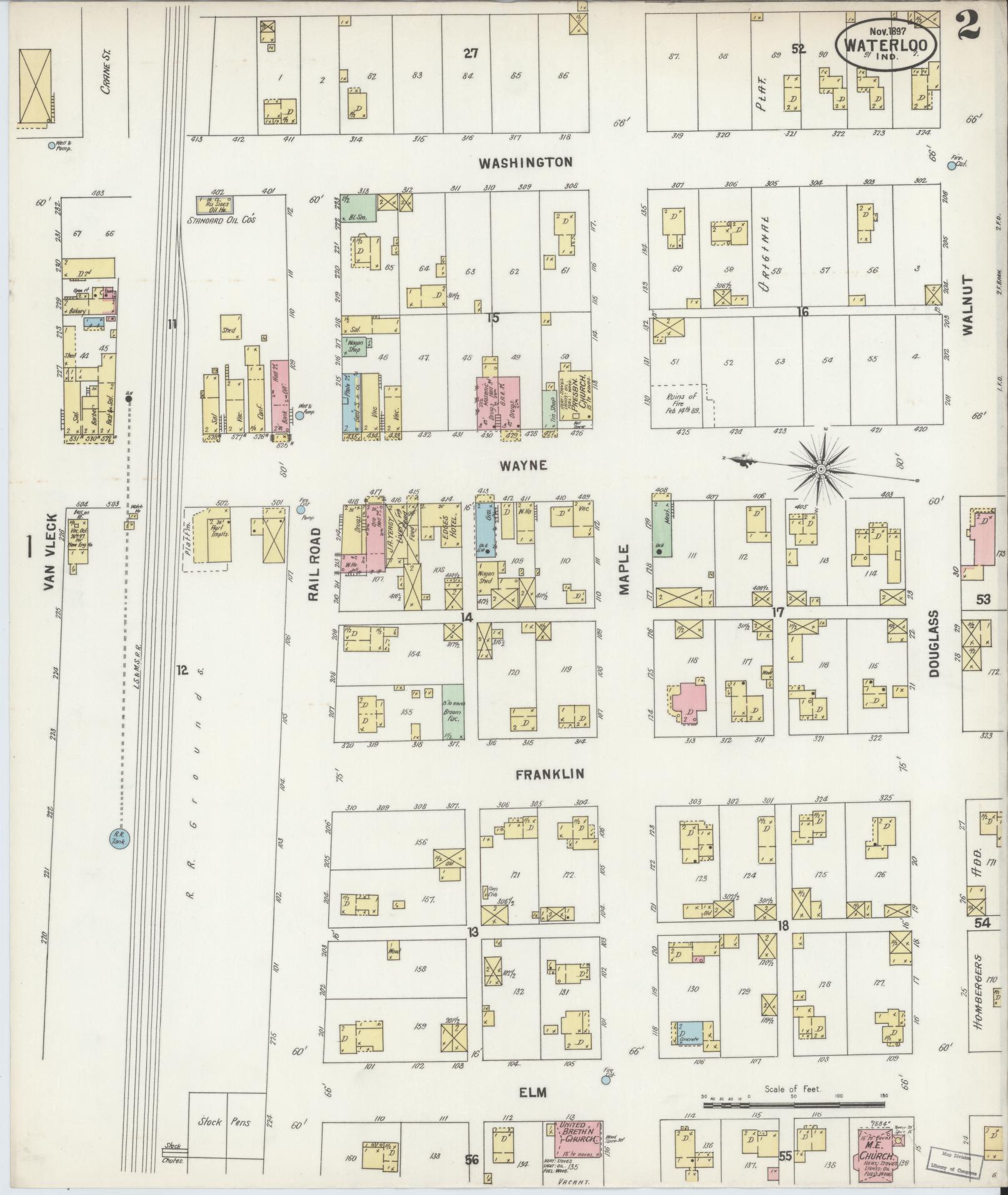 Sanborn Fire Insurance Map from Waterloo, De Kalb County, Indiana (1897), Sheet #0002 - Complete Map Set gallery image, historic Sanborn map, vintage wall art, Indiana Indiana