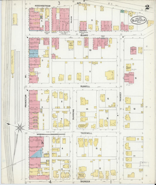 Sanborn Fire Insurance Map from Bluefield, Mercer County, West Virginia (1902), Sheet #0002 - Historic Sanborn Fire Insurance Map Print, vintage old map wall art, antique decor, genealogy gift, West Virginia West Virginia map