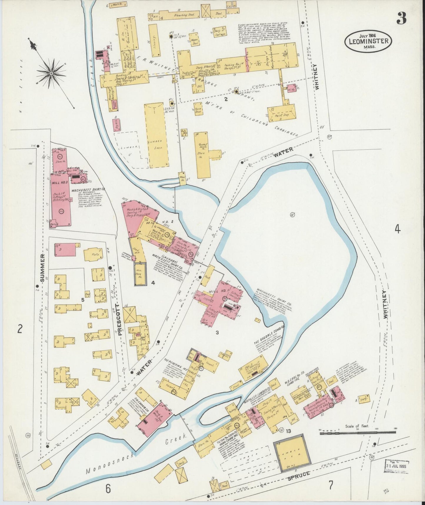Sanborn Fire Insurance Map from Leominster, Worcester County, Massachusetts (1906), Sheet #0003 - Complete Map Set gallery image, historic Sanborn map, vintage wall art, Massachusetts Massachusetts