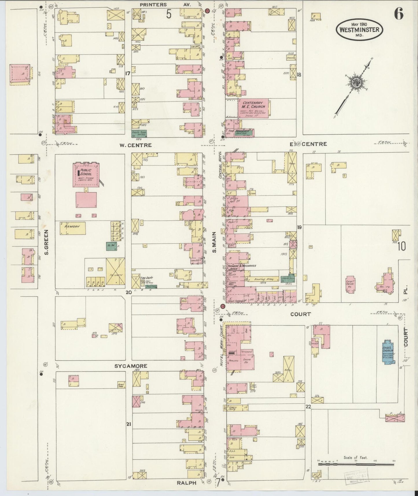 Sanborn Fire Insurance Map from Westminster, Carroll County, Maryland (1910), Sheet #0006 - Historic Sanborn Fire Insurance Map Print, vintage old map wall art