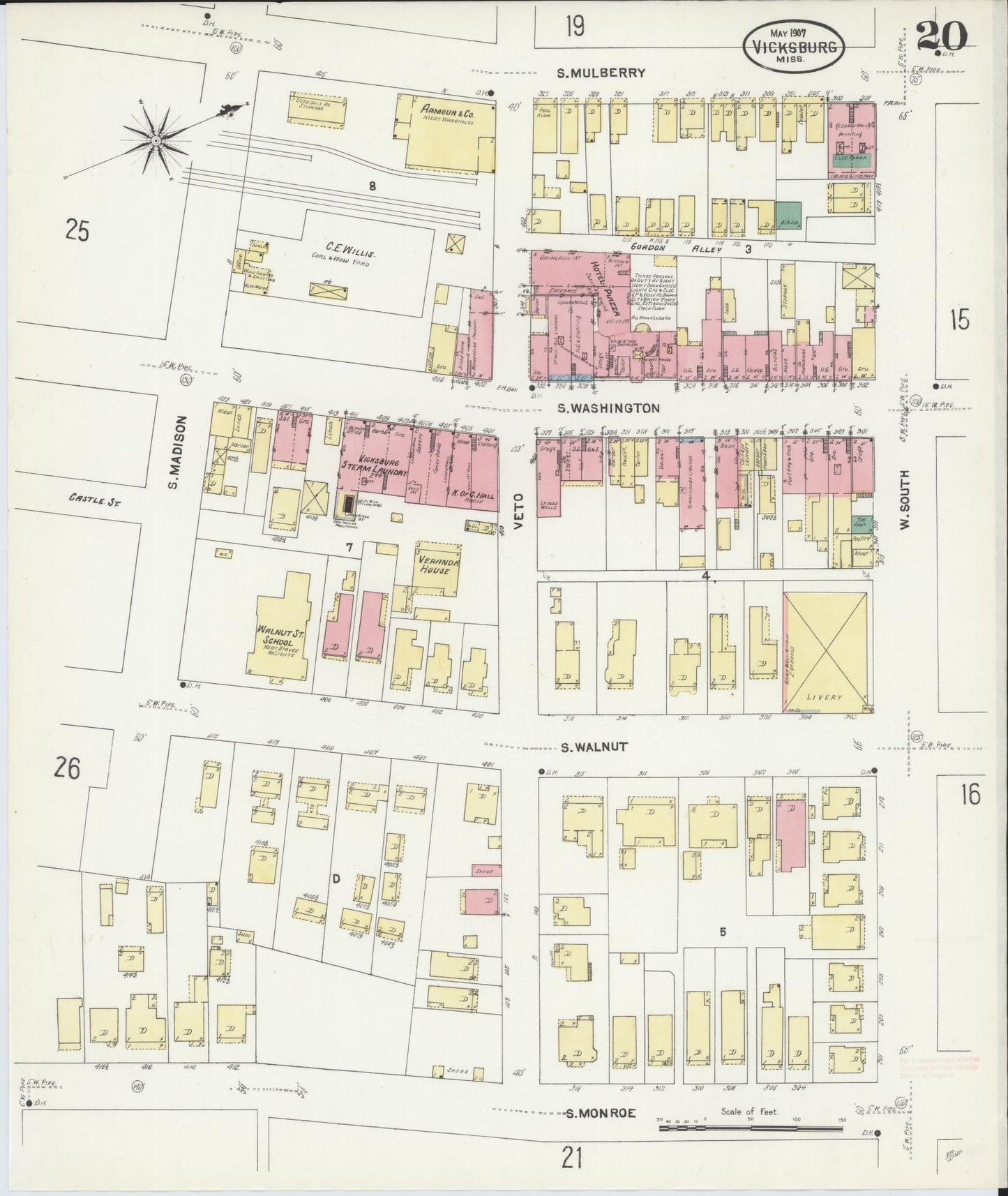 Sanborn Fire Insurance Map from Vicksburg, Warren County, Mississippi (1907), Sheet #0020 - Historic Sanborn Fire Insurance Map Print, vintage old map wall art, antique decor, genealogy gift, Mississippi Mississippi map