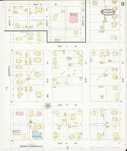 Sanborn Fire Insurance Map from Oskaloosa, Mahaska County, Iowa (1896), Sheet #0008 - Historic Sanborn Fire Insurance Map Print, vintage old map wall art