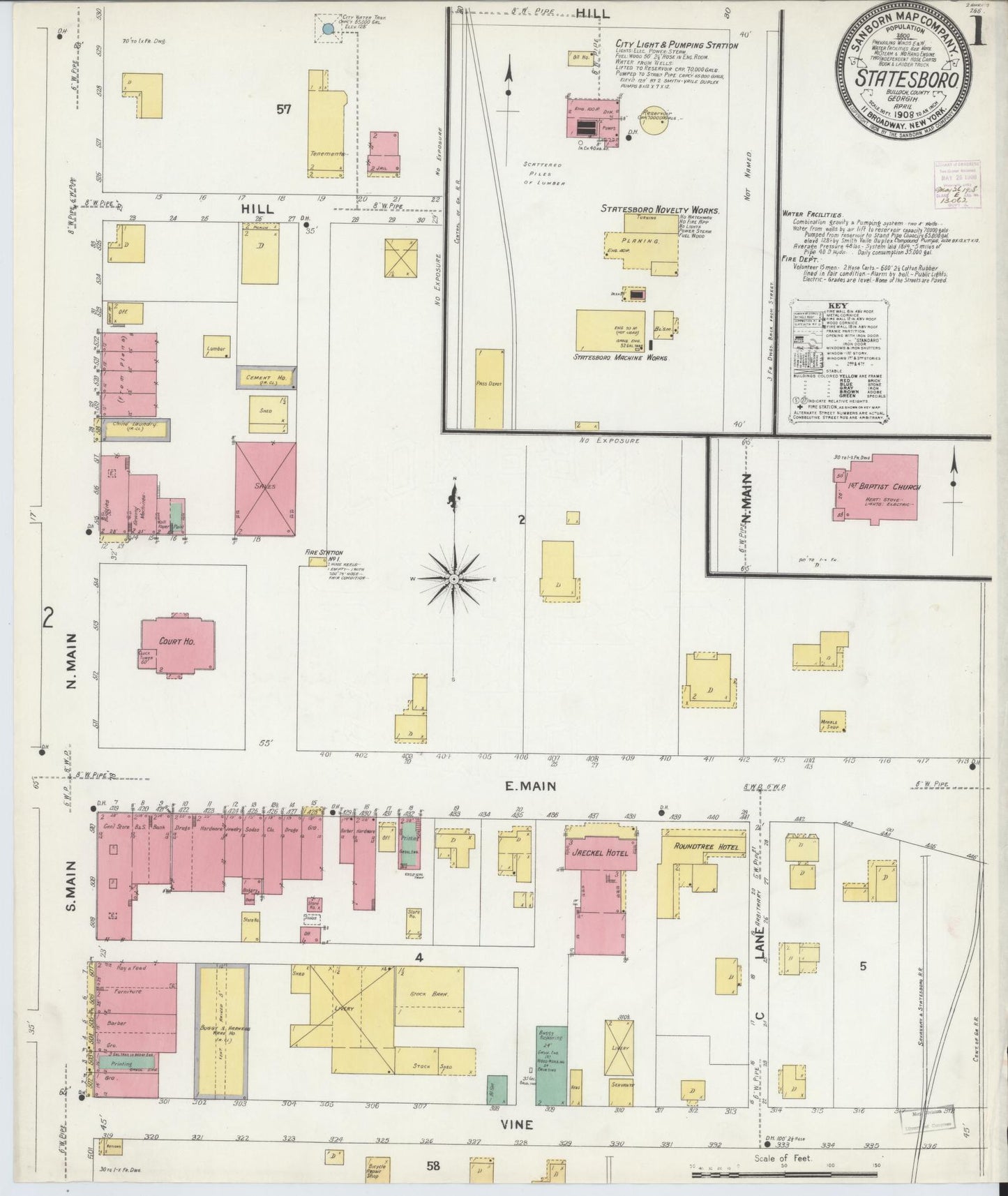 Sanborn Fire Insurance Map from Statesboro, Bulloch County, Georgia (1908), Sheet #0001 - Complete Map Set gallery image, historic Sanborn map, vintage wall art, Georgia Georgia