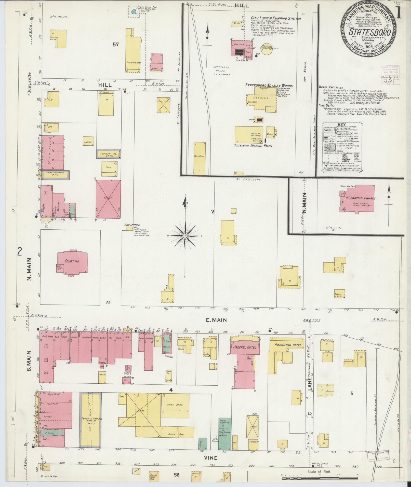 Sanborn Fire Insurance Map from Statesboro, Bulloch County, Georgia (1908), Sheet #0001 - Complete Map Set gallery image, historic Sanborn map, vintage wall art, Georgia Georgia
