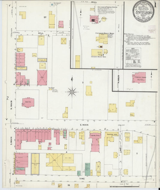 Sanborn Fire Insurance Map from Statesboro, Bulloch County, Georgia (1908), Sheet #0001 - Complete Map Set gallery image, historic Sanborn map, vintage wall art, Georgia Georgia