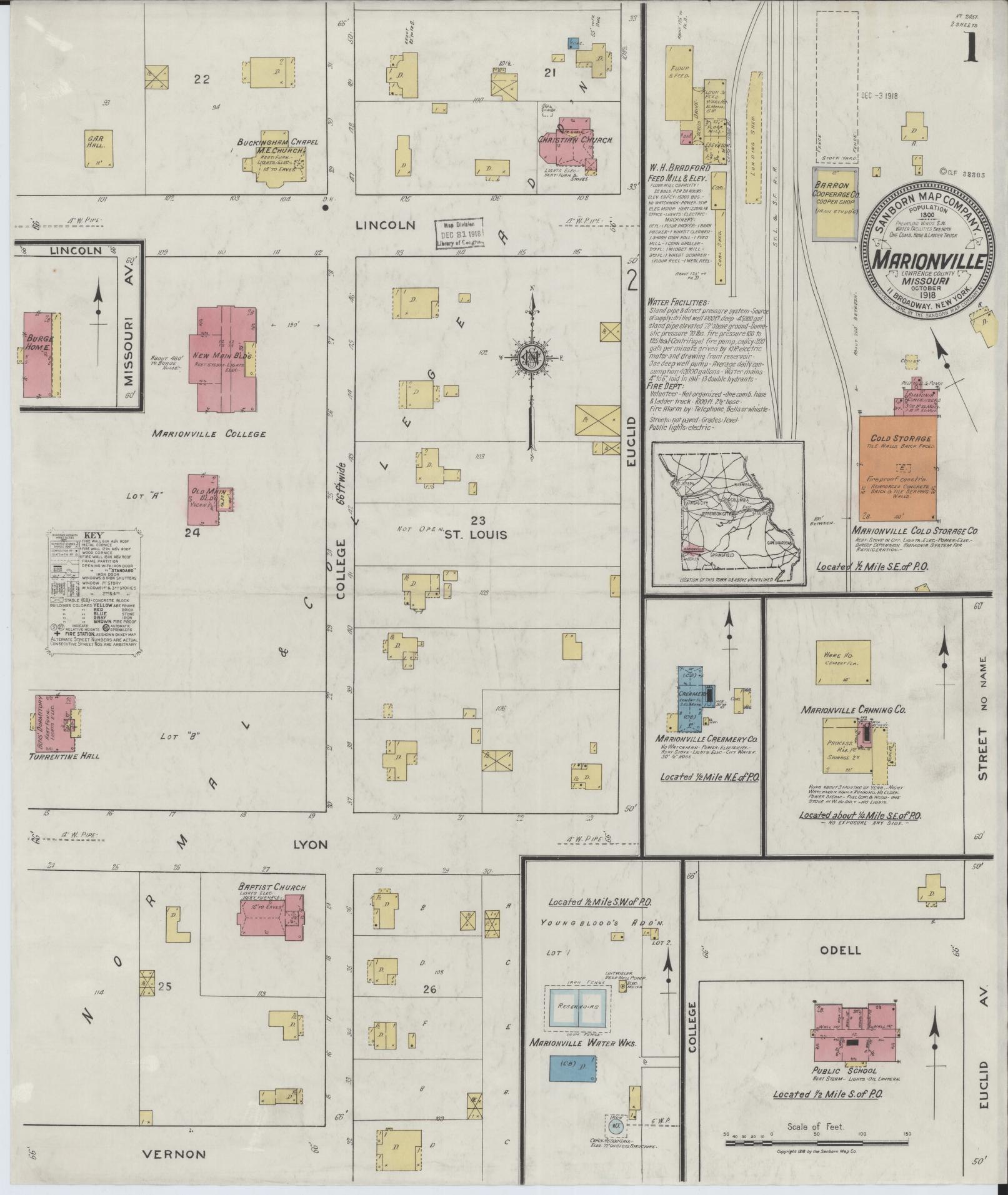 Sanborn Fire Insurance Map from Marionville, Lawrence County, Missouri (1918), Sheet #0001 - Historic Sanborn Fire Insurance Map Print, vintage old map wall art, antique decor, genealogy gift, Missouri Missouri map