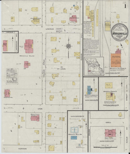 Sanborn Fire Insurance Map from Marionville, Lawrence County, Missouri (1918), Sheet #0001 - Historic Sanborn Fire Insurance Map Print, vintage old map wall art, antique decor, genealogy gift, Missouri Missouri map