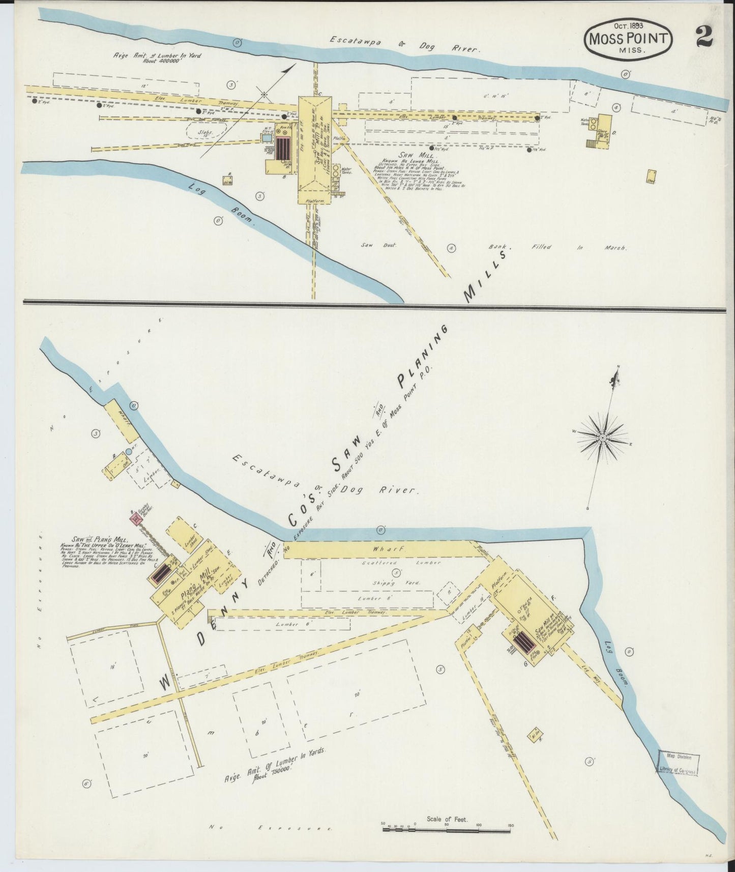 Sanborn Fire Insurance Map from Moss Point, Jackson County, Mississippi (1893), Sheet #0002 - Complete Map Set gallery image, historic Sanborn map, vintage wall art, Mississippi Mississippi