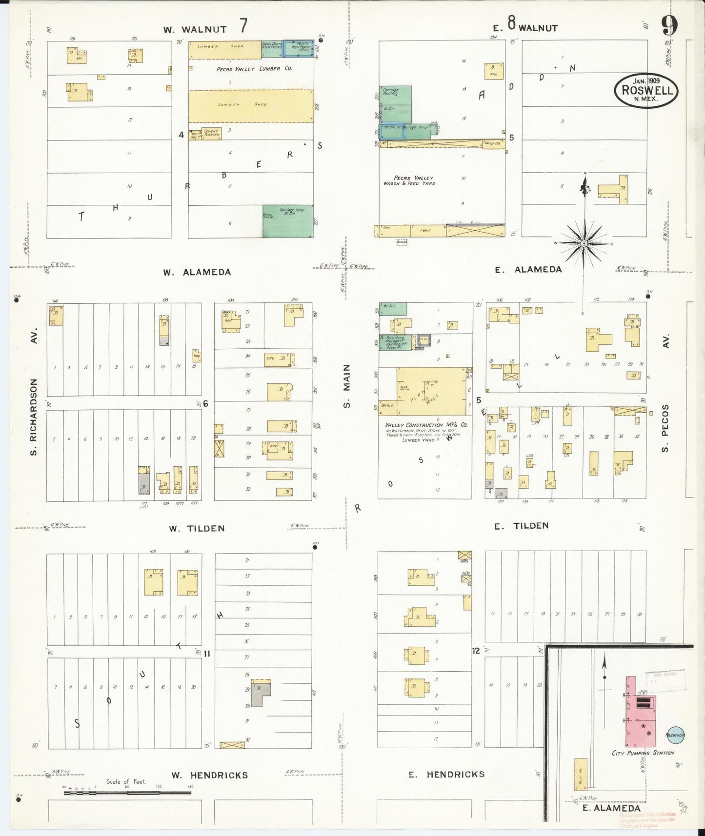 Sanborn Fire Insurance Map from Roswell, Chaves County, New Mexico (1909), Sheet #0009 - Historic Sanborn Fire Insurance Map Print, vintage old map wall art, antique decor, genealogy gift, New Mexico New Mexico map