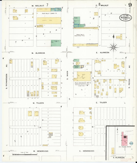 Sanborn Fire Insurance Map from Roswell, Chaves County, New Mexico (1909), Sheet #0009 - Historic Sanborn Fire Insurance Map Print, vintage old map wall art, antique decor, genealogy gift, New Mexico New Mexico map