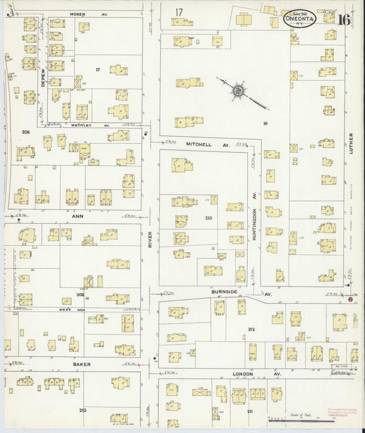 Sanborn Fire Insurance Map from Oneonta, Otsego County, New York (1910), Sheet #0016 - Historic Sanborn Fire Insurance Map Print, vintage old map wall art, antique decor, genealogy gift, New York New York map