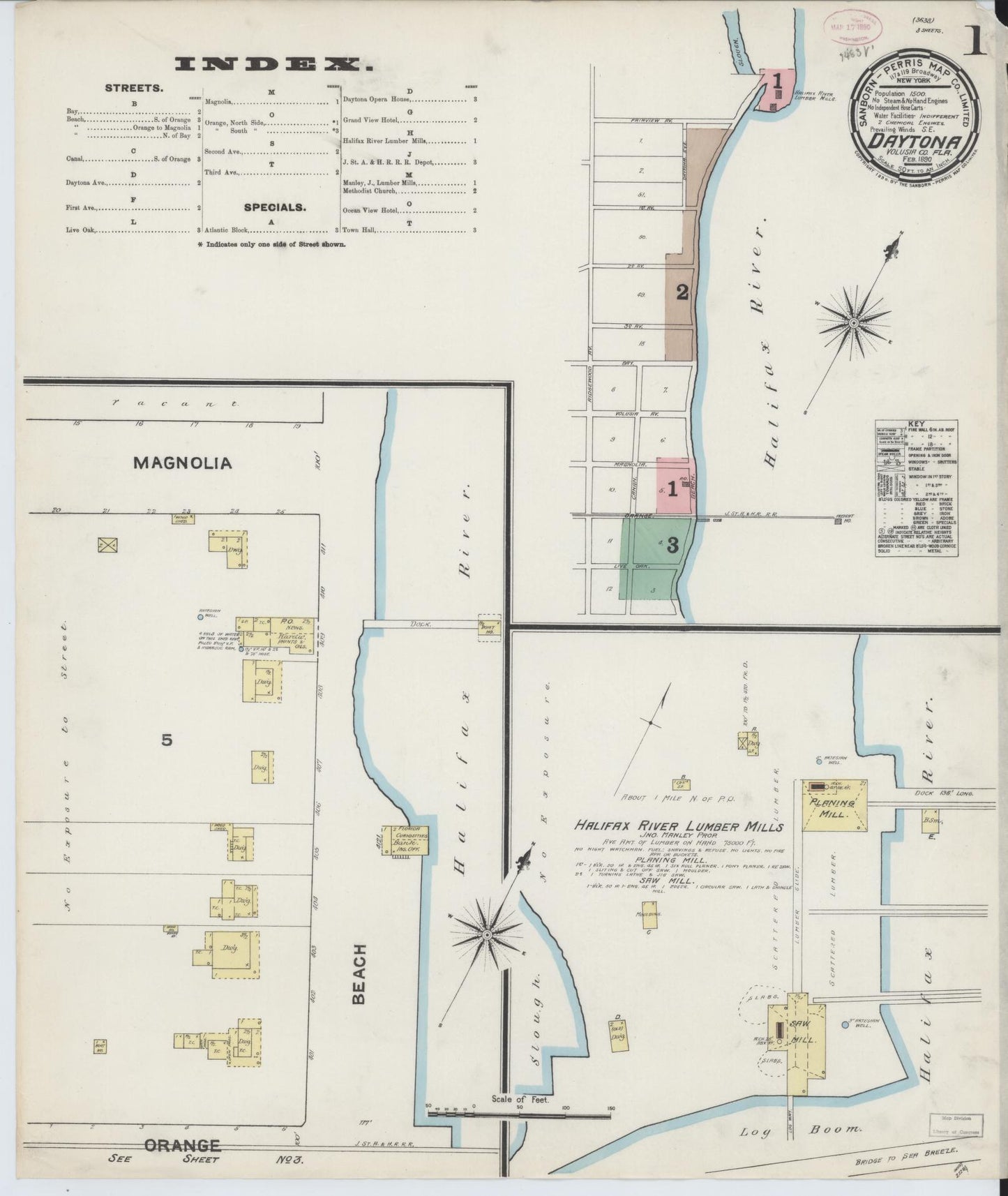 Sanborn Fire Insurance Map from Daytona, Volusia County, Florida (1890), Sheet #0001 - Historic Sanborn Fire Insurance Map Print, vintage old map wall art, antique decor, genealogy gift, Florida Florida map