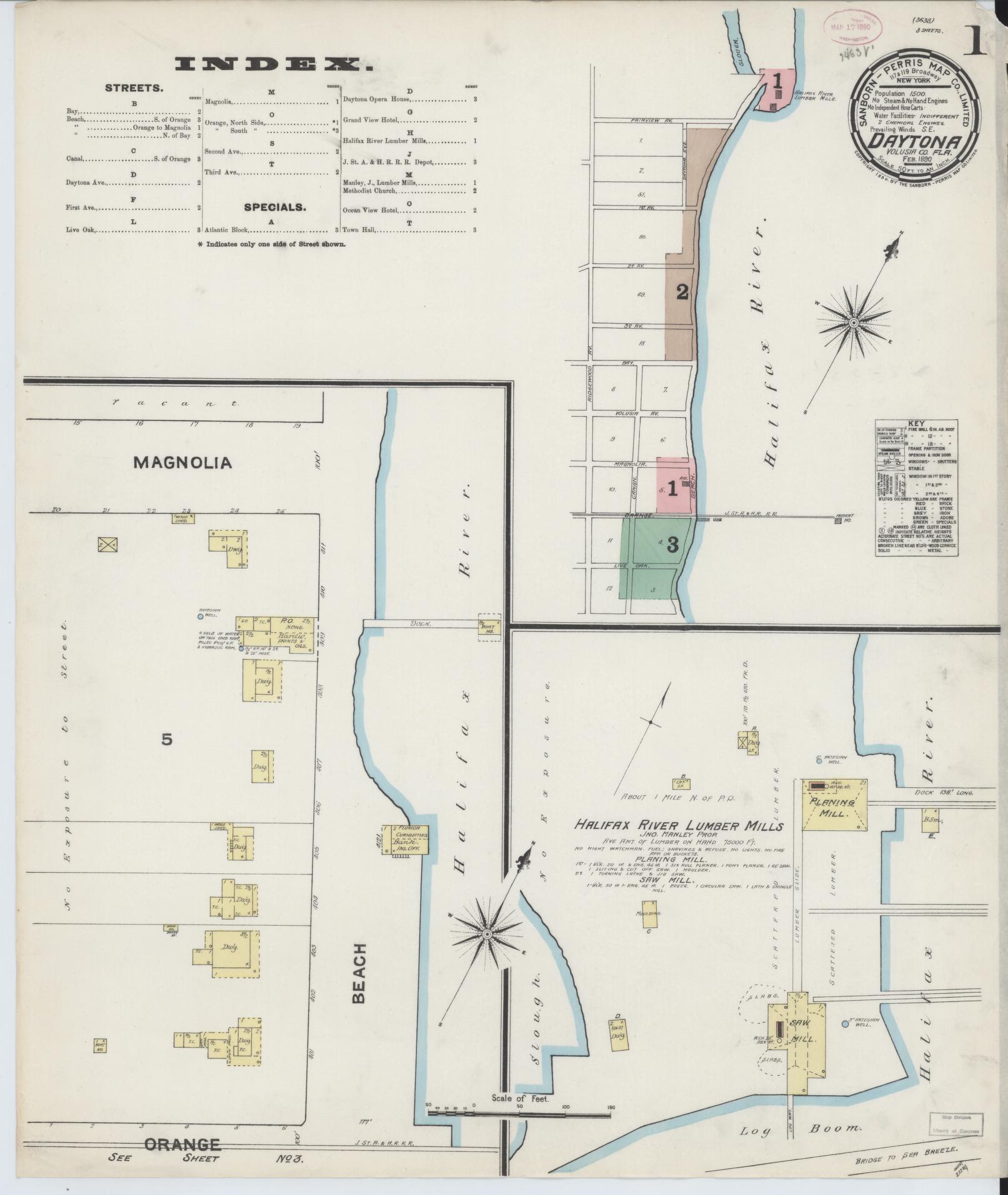 Sanborn Fire Insurance Map from Daytona, Volusia County, Florida (1890), Sheet #0001 - Historic Sanborn Fire Insurance Map Print, vintage old map wall art, antique decor, genealogy gift, Florida Florida map