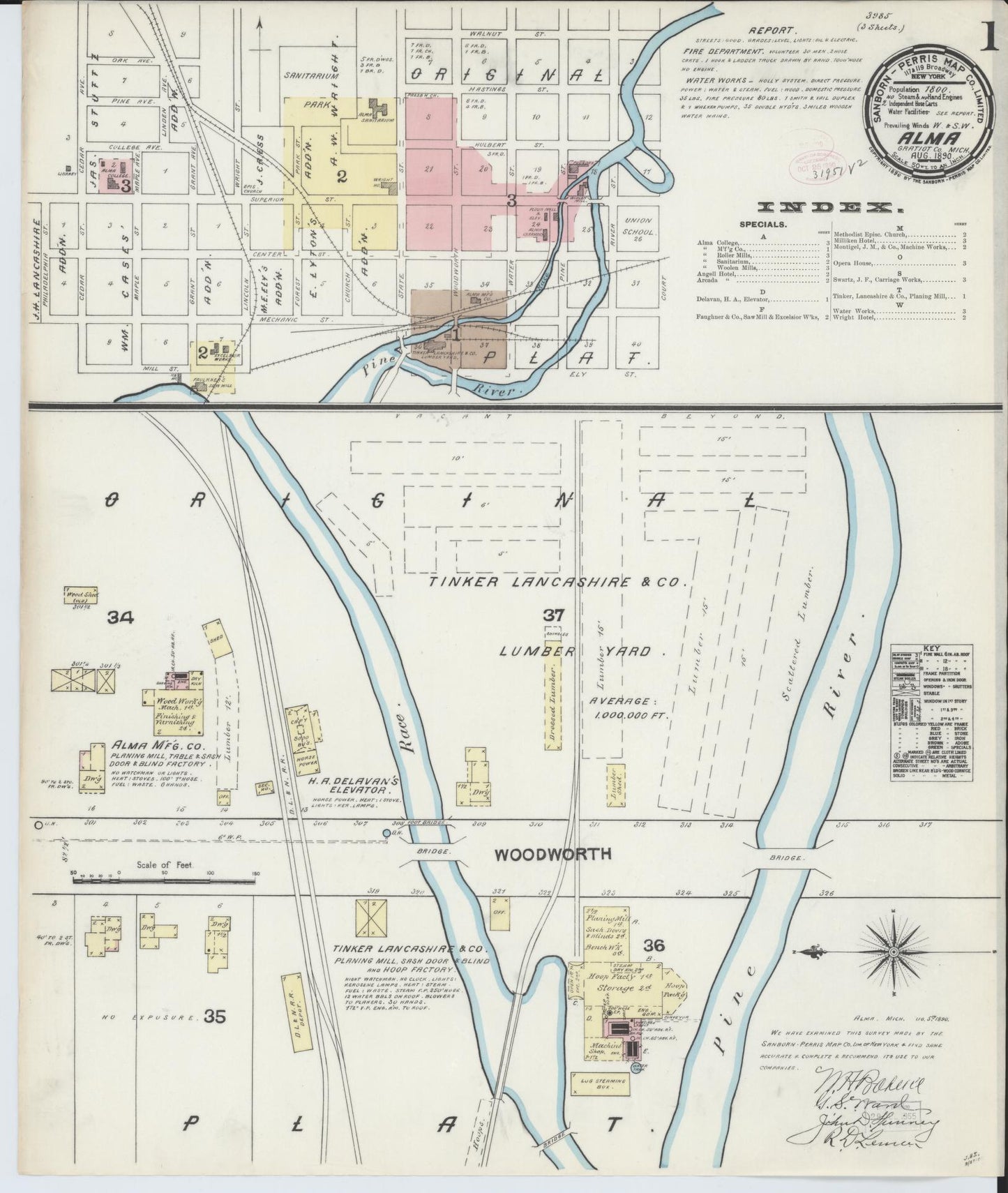 Sanborn Fire Insurance Map from Alma, Gratiot County, Michigan (1890), Sheet #0001 - Complete Map Set gallery image, historic Sanborn map, vintage wall art, Michigan Michigan