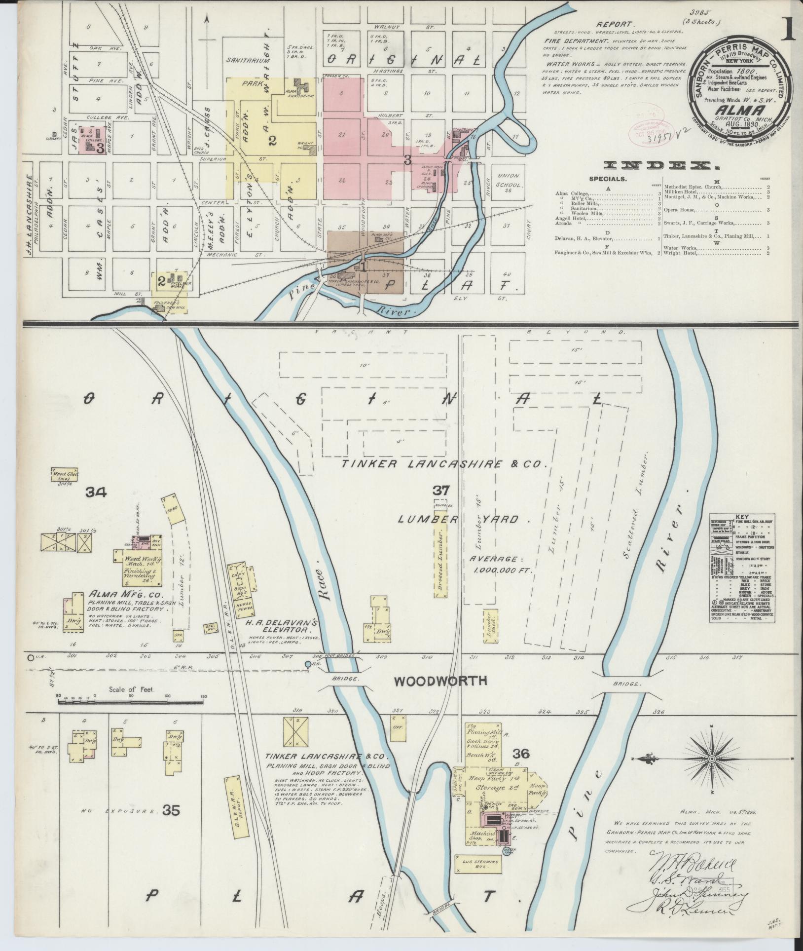 Sanborn Fire Insurance Map from Alma, Gratiot County, Michigan (1890), Sheet #0001 - Complete Map Set gallery image, historic Sanborn map, vintage wall art, Michigan Michigan