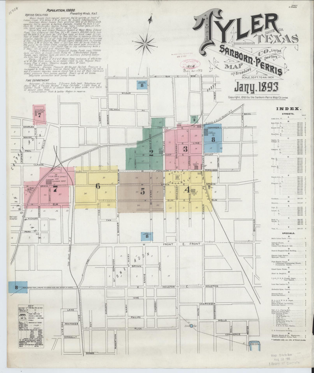 Sanborn Fire Insurance Map from Tyler, Smith County, Texas (1893), Sheet #0001 - Historic Sanborn Fire Insurance Map Print, vintage old map wall art, antique decor, genealogy gift, Texas Texas map