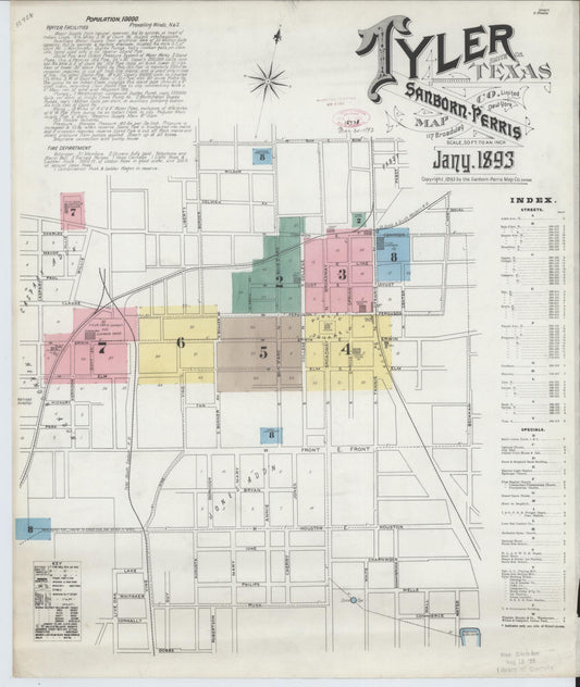 Sanborn Fire Insurance Map from Tyler, Smith County, Texas (1893), Sheet #0001 - Historic Sanborn Fire Insurance Map Print, vintage old map wall art, antique decor, genealogy gift, Texas Texas map