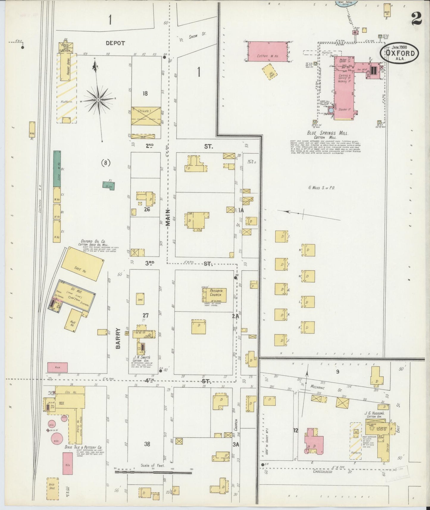 Sanborn Fire Insurance Map from Oxford, Calhoun County, Alabama (1900), Sheet #0002 - Complete Map Set gallery image, historic Sanborn map, vintage wall art, Alabama Alabama