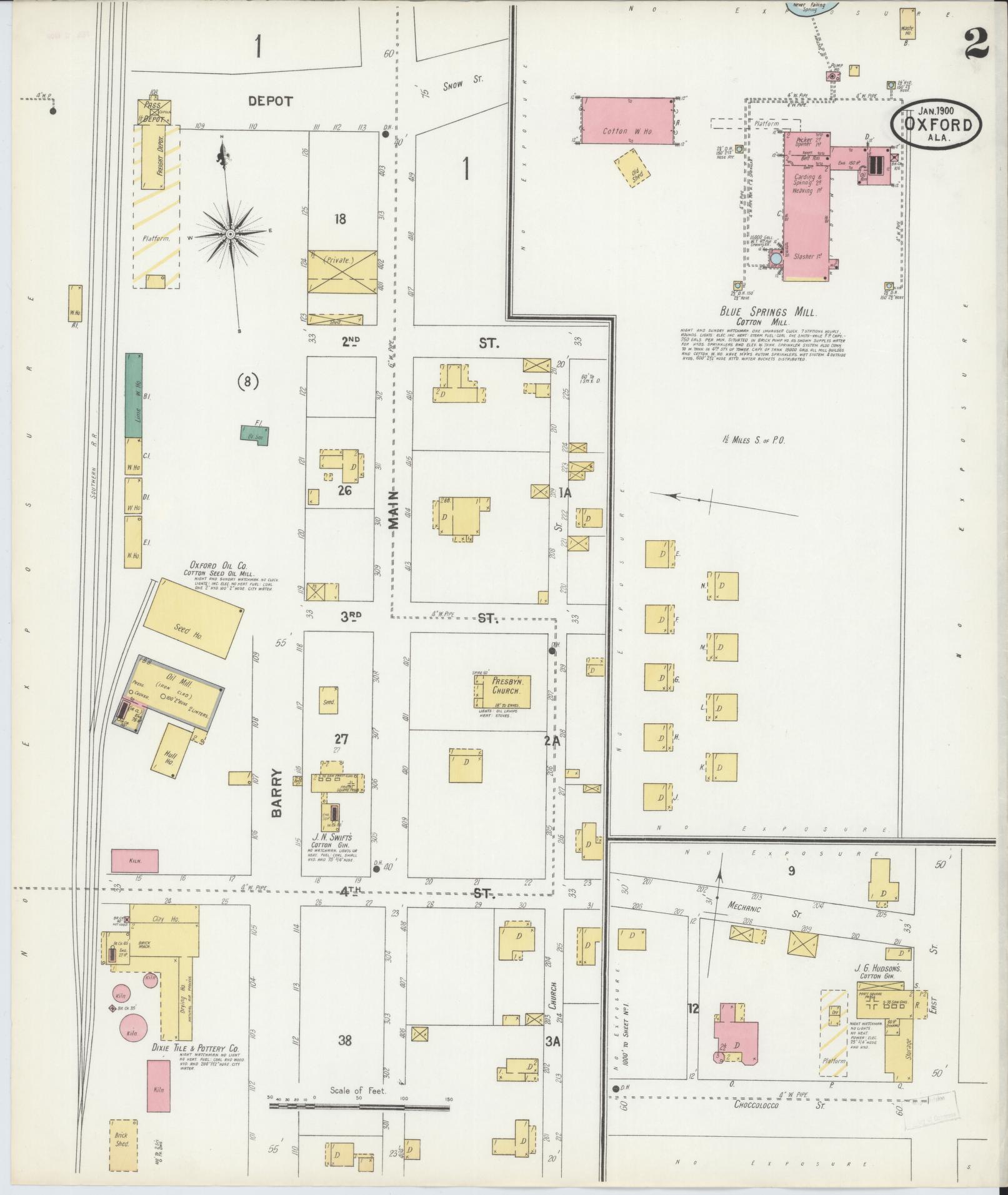 Sanborn Fire Insurance Map from Oxford, Calhoun County, Alabama (1900), Sheet #0002 - Complete Map Set gallery image, historic Sanborn map, vintage wall art, Alabama Alabama