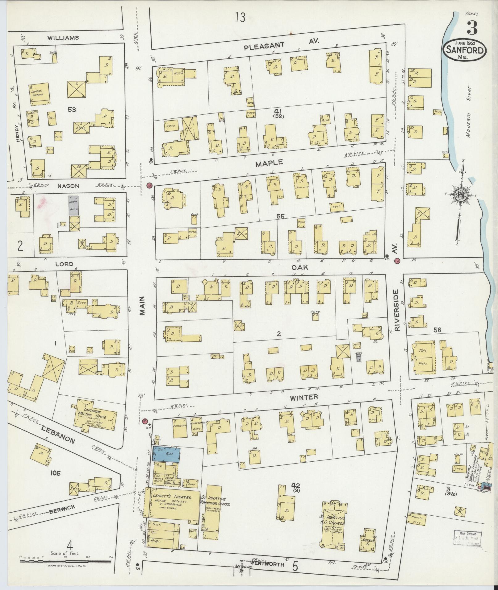 Sanborn Fire Insurance Map from Sanford, York County, Maine (1921), Sheet #0003 - Complete Map Set gallery image, historic Sanborn map, vintage wall art, Maine Maine