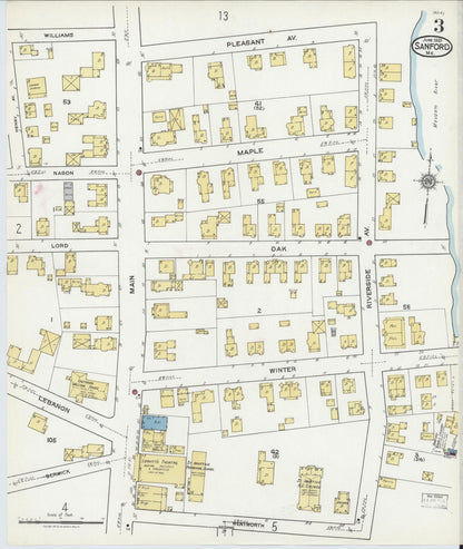 Sanborn Fire Insurance Map from Sanford, York County, Maine (1921), Sheet #0003 - Complete Map Set gallery image, historic Sanborn map, vintage wall art, Maine Maine
