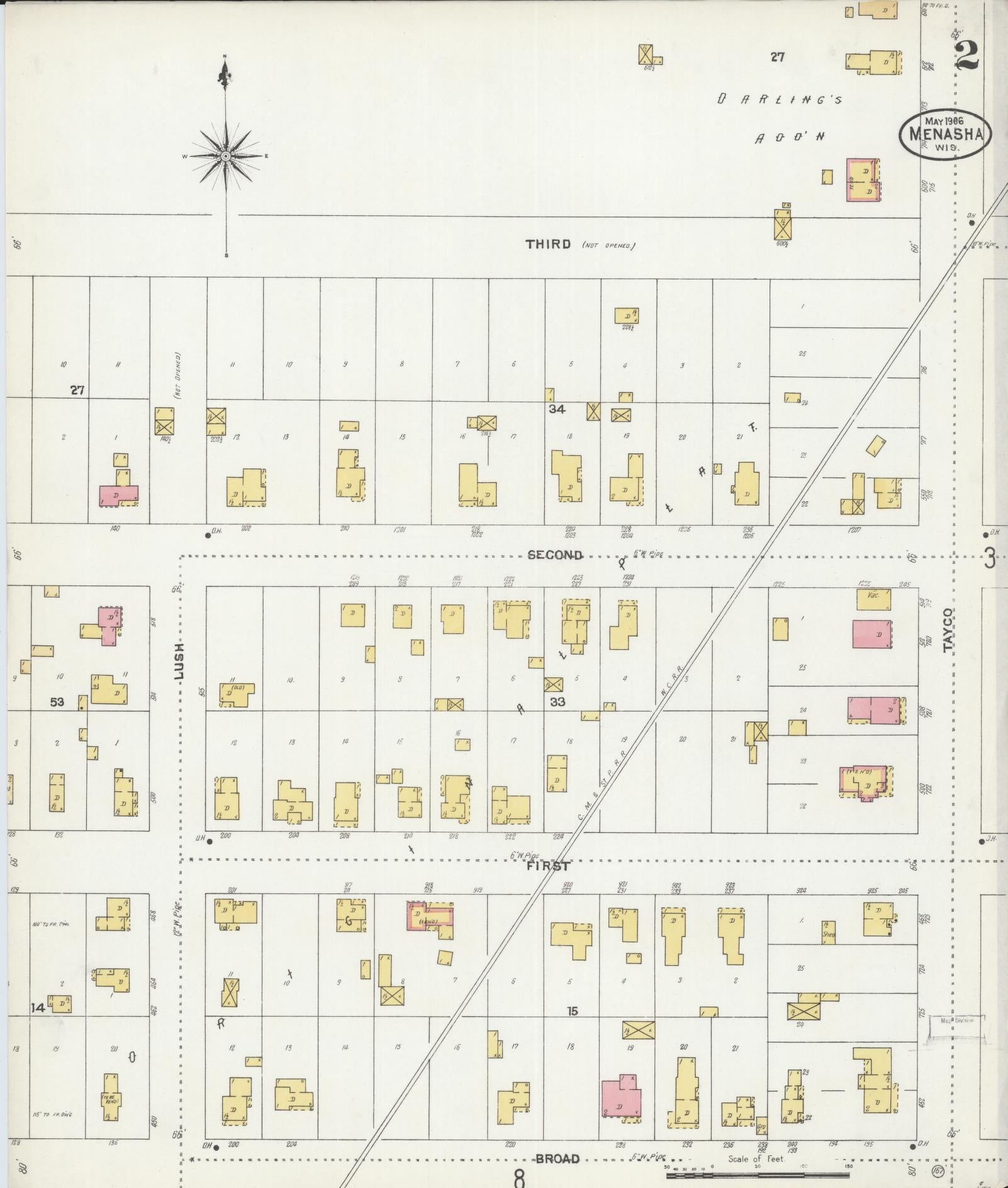 Sanborn Fire Insurance Map from Menasha, Winnebago County, Wisconsin (1906), Sheet #0002 - Historic Sanborn Fire Insurance Map Print, vintage old map wall art, antique decor, genealogy gift, Wisconsin Wisconsin map