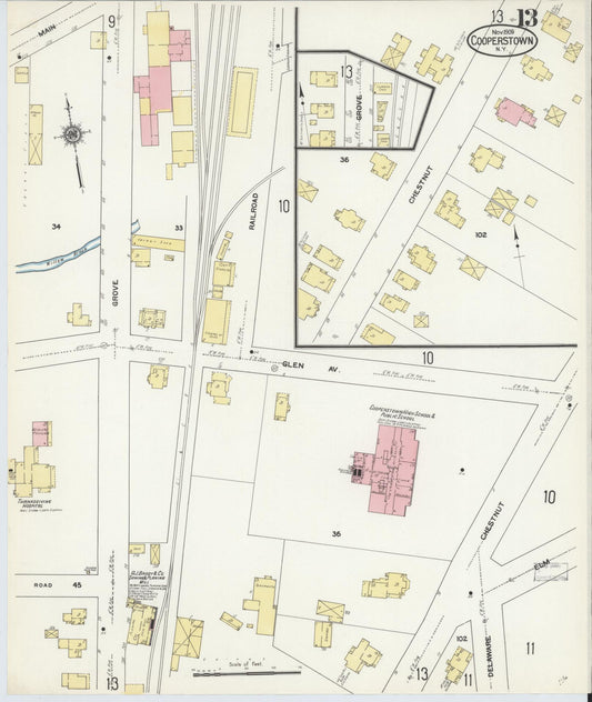 Sanborn Fire Insurance Map from Cooperstown, Otsego County, New York (1909), Sheet #0013 - Historic Sanborn Fire Insurance Map Print, vintage old map wall art, antique decor, genealogy gift, New York New York map