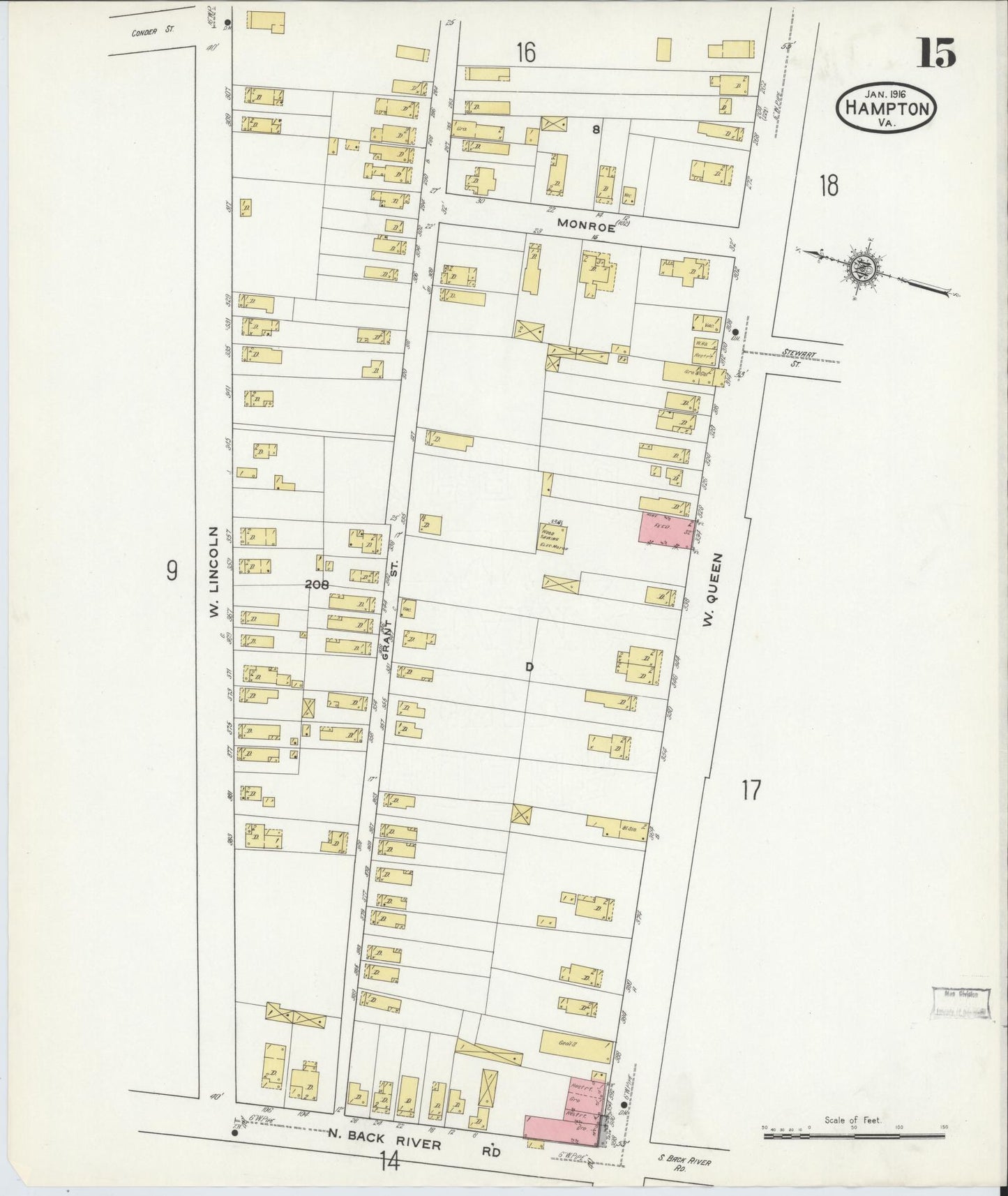 Sanborn Fire Insurance Map from Hampton, Independent Cities, Virginia (1916), Sheet #0015 - Complete Map Set gallery image, historic Sanborn map, vintage wall art, Virginia Virginia