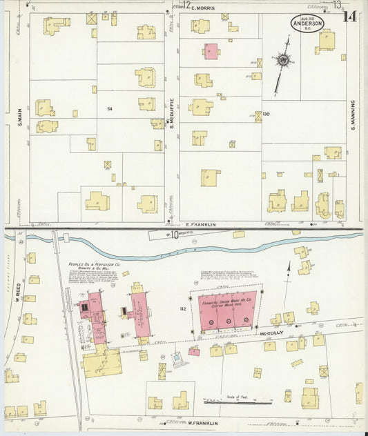 Sanborn Fire Insurance Map from Anderson, Anderson County, South Carolina (1911), Sheet #0014 - Historic Sanborn Fire Insurance Map Print, vintage old map wall art, antique decor, genealogy gift, South Carolina South Carolina map