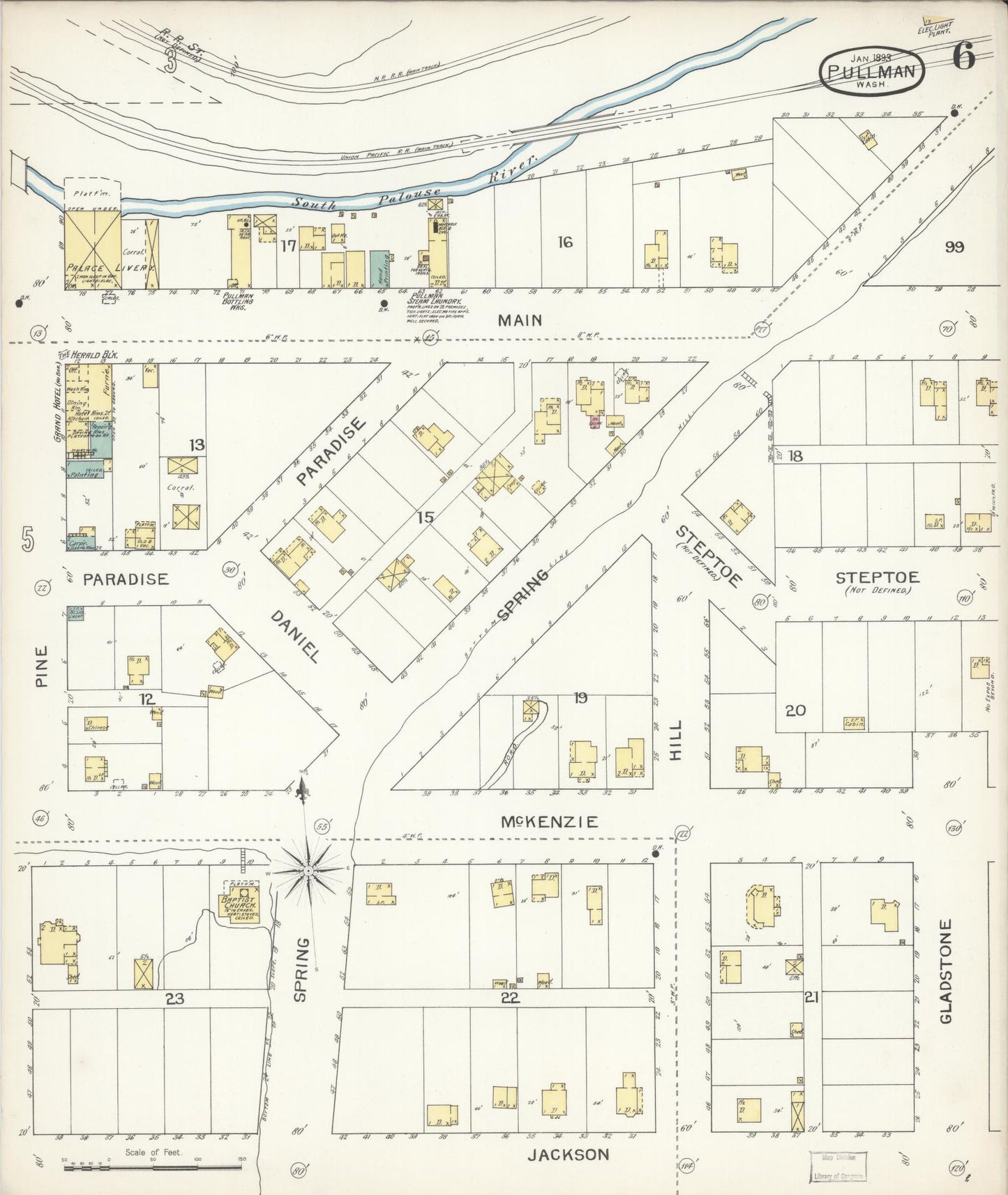 Sanborn Fire Insurance Map from Pullman, Whitman County, Washington (1893), Sheet #0006 - Complete Map Set gallery image, historic Sanborn map, vintage wall art, Washington Washington