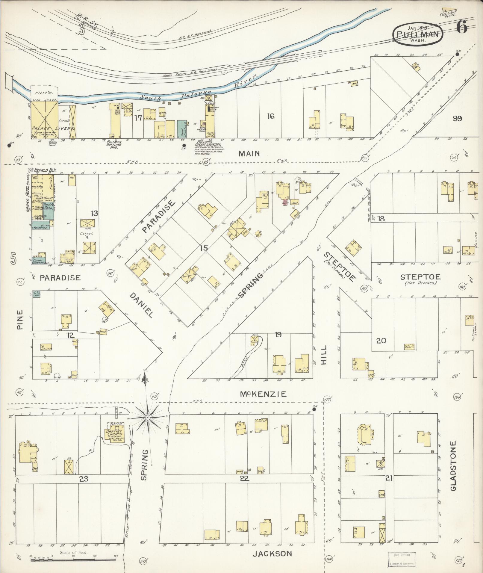 Sanborn Fire Insurance Map from Pullman, Whitman County, Washington (1893), Sheet #0006 - Complete Map Set gallery image, historic Sanborn map, vintage wall art, Washington Washington