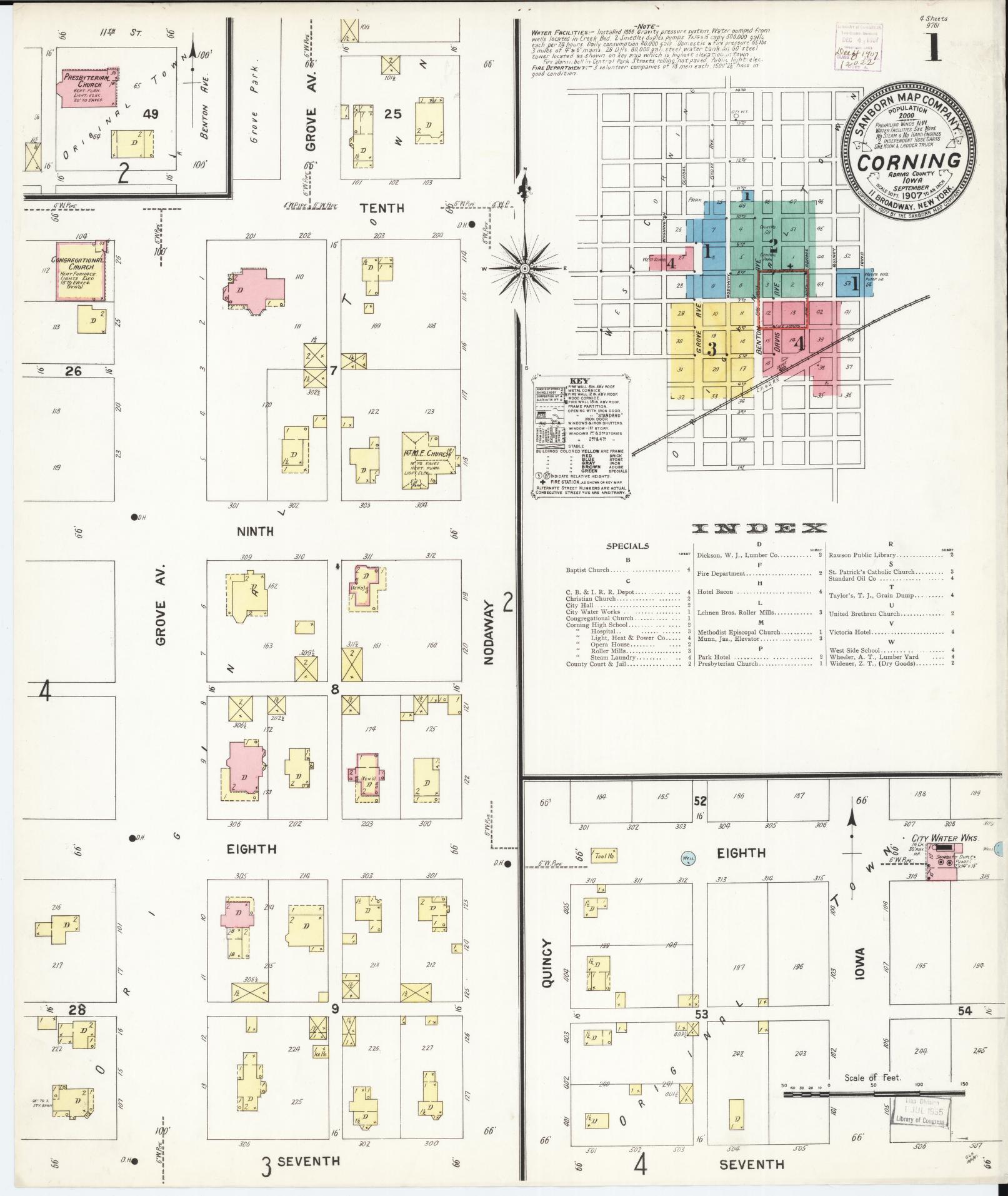 Sanborn Fire Insurance Map from Corning, Adams County, Iowa (1907), Sheet #0001 - Historic Sanborn Fire Insurance Map Print, vintage old map wall art