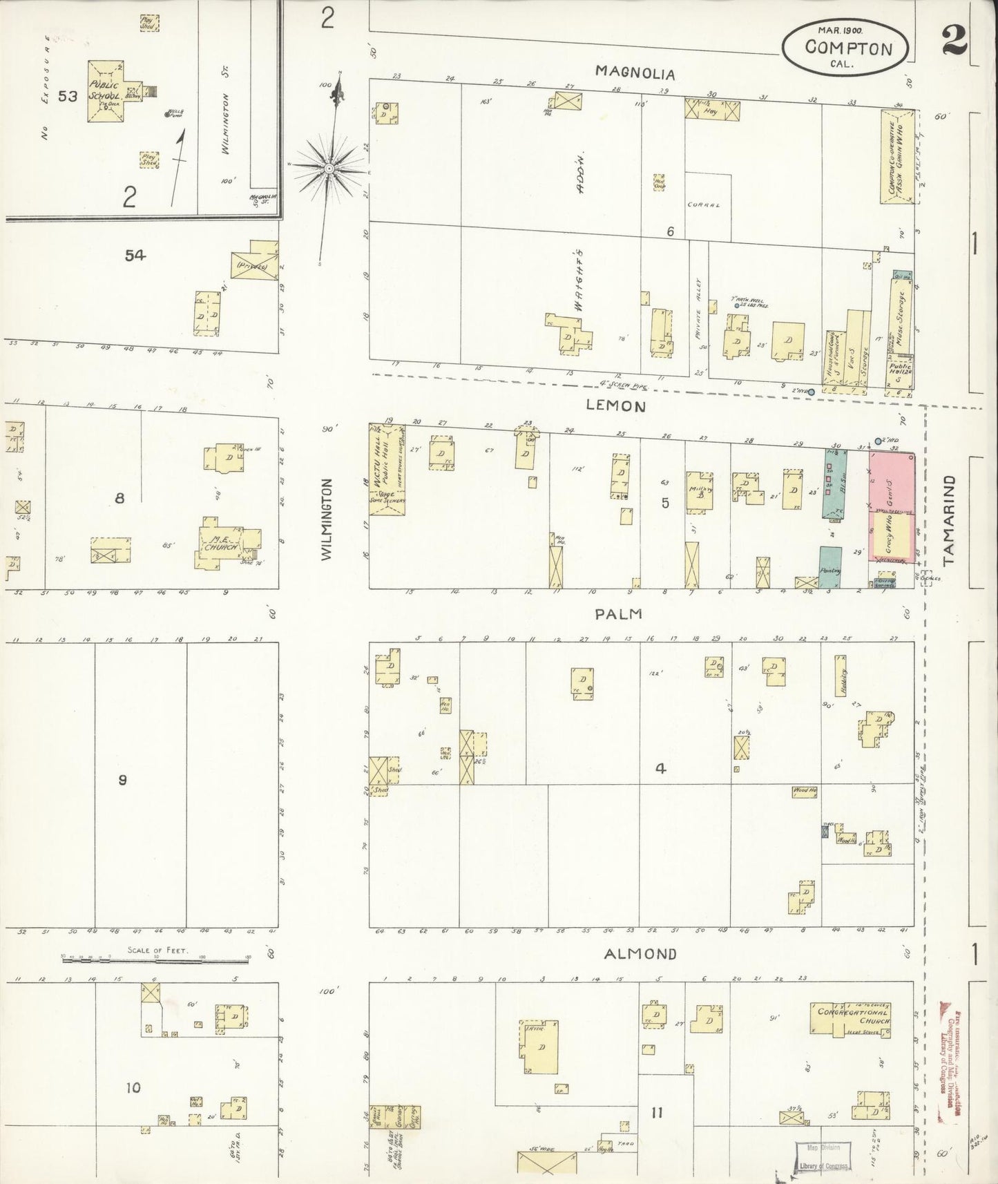 Sanborn Fire Insurance Map from Compton, Los Angeles County, California (1900), Sheet #0002 - Complete Map Set gallery image, historic Sanborn map, vintage wall art, California California