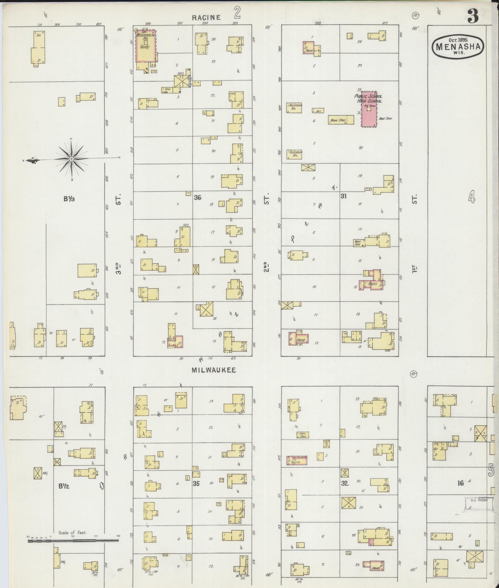 Sanborn Fire Insurance Map from Menasha, Winnebago County, Wisconsin (1895), Sheet #0003 - Historic Sanborn Fire Insurance Map Print, vintage old map wall art, antique decor, genealogy gift, Wisconsin Wisconsin map